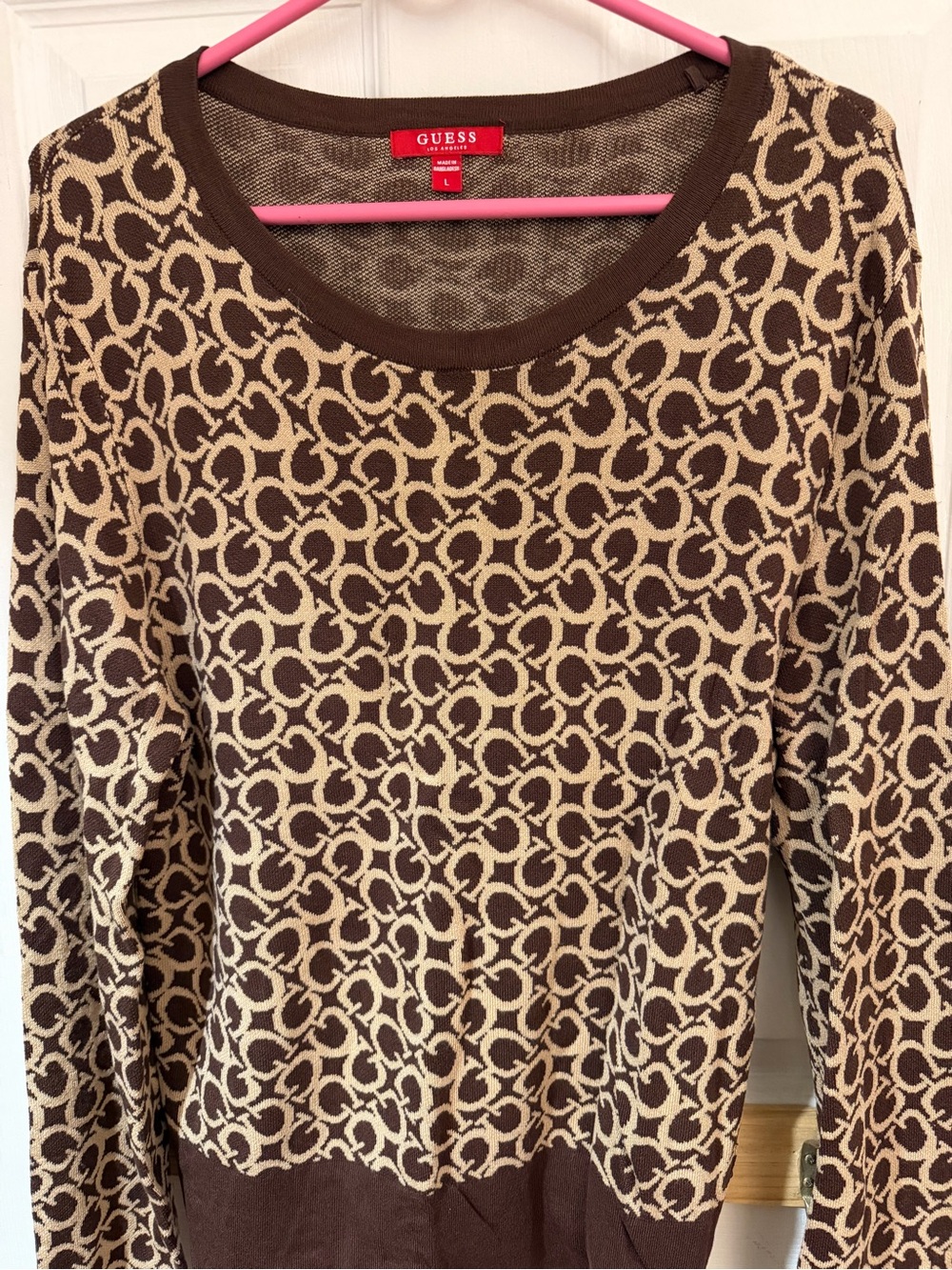 GUESS Brown & Cream Logo Jacquard Long Sleeve Top